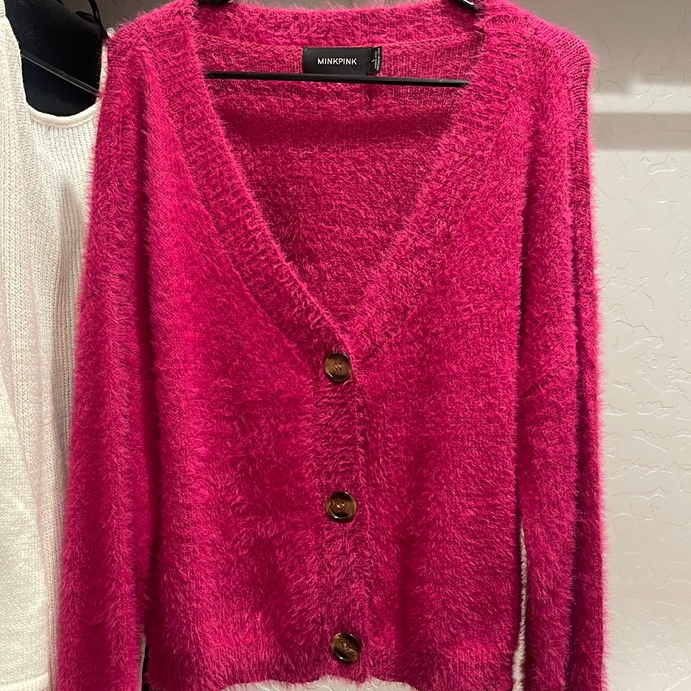 Mink pink fuzzy button up sweater
